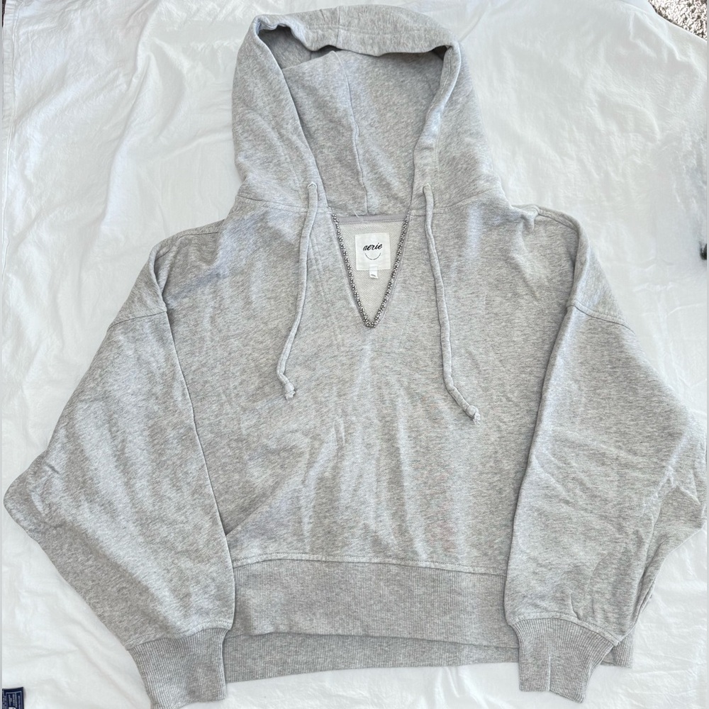 Aerie Beaded Hoodie Heather Grey Sz XL, Y2K - Picture 3 of 7